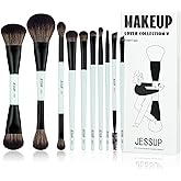 Jessup Makeup Brushes Set 10pcs, Double Sided Foundation Contour Blush Highlight Blending Eyebrow Brush Eyeshadow Eyeliner Concealer Brush, Bright Cyan Cruelty Free Cosmetic Tools T500