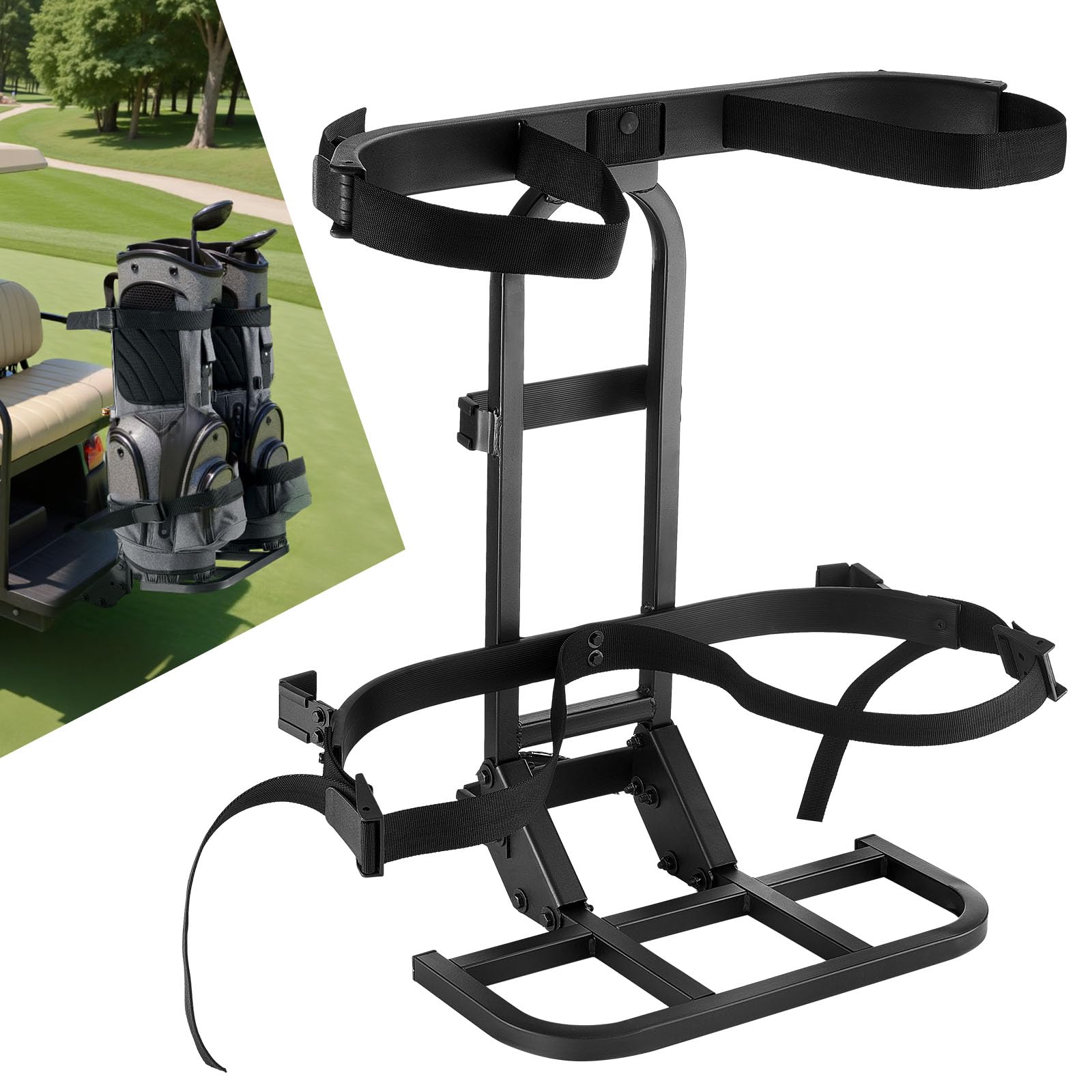 Photo 1 of ***POSSIBLY FOR PARTS/ PARTIAL SET/ MISSING ASSEMBLY PIECES***  VEVOR Golf Cart Bag Holder, 30.9 x 27.8 x 16.1inch, Compatible withYamaha, EZGO, Club Car Rear Seat Grab Bar, Space-Saving Carbon Steel Bag Holder Bracket, No-Drilling Installation, Black