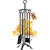 Gtongoko 35&rdquo;Tall Fireplace Tools Set with Stand 5-Piece Solid Wrought Iron | Fireplace Tool with Poker, Tongs, Shovel &amp; Brush for Indoor Fireplace, Wood Stoves &amp; Outdoor Fire Pits, Twisted Handle Design
