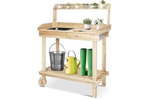 LUCKYERMORE Potting Bench for Outside, Wooden Gardening Plant Workstation Potting Bench with Sink and w/Wheels Hook Open Shelf for Outside Patio Lawn Garden, Banco para macetas