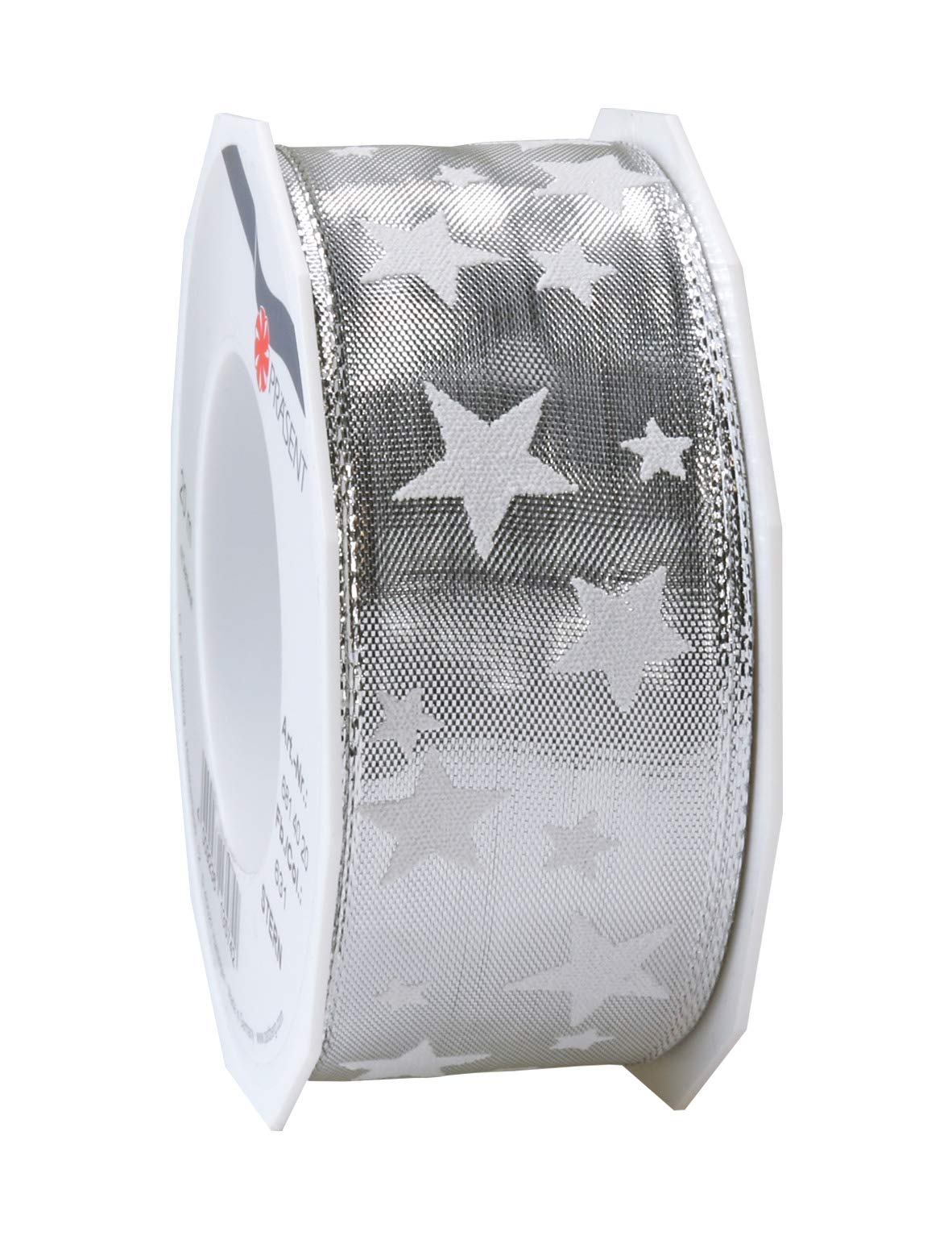Präsent - Stern Printed Ribbon Silver 40 mm Width, 20 m Length