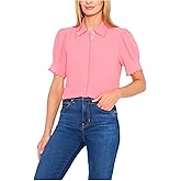 CeCe Womens Short Sleeve Scalloped Collar & Cuff Button-up Blouse
