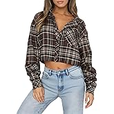 INFITTY Womens Flannel Jacket Cropped Shacket Plaid Jacket Button Down Coat 2026 Fall Fashion Trendy Outfits