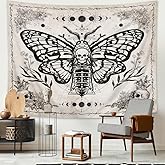 Homewelle Large Skull Moth Tapestry Gothic Vintage Butterfly Skeleton Floral Wall Art 91Wx71H Inch Moon Phase Witchy Crescent Mystic Black Beige Wall Hanging Bedroom Living Room Dorm Decor Fabric