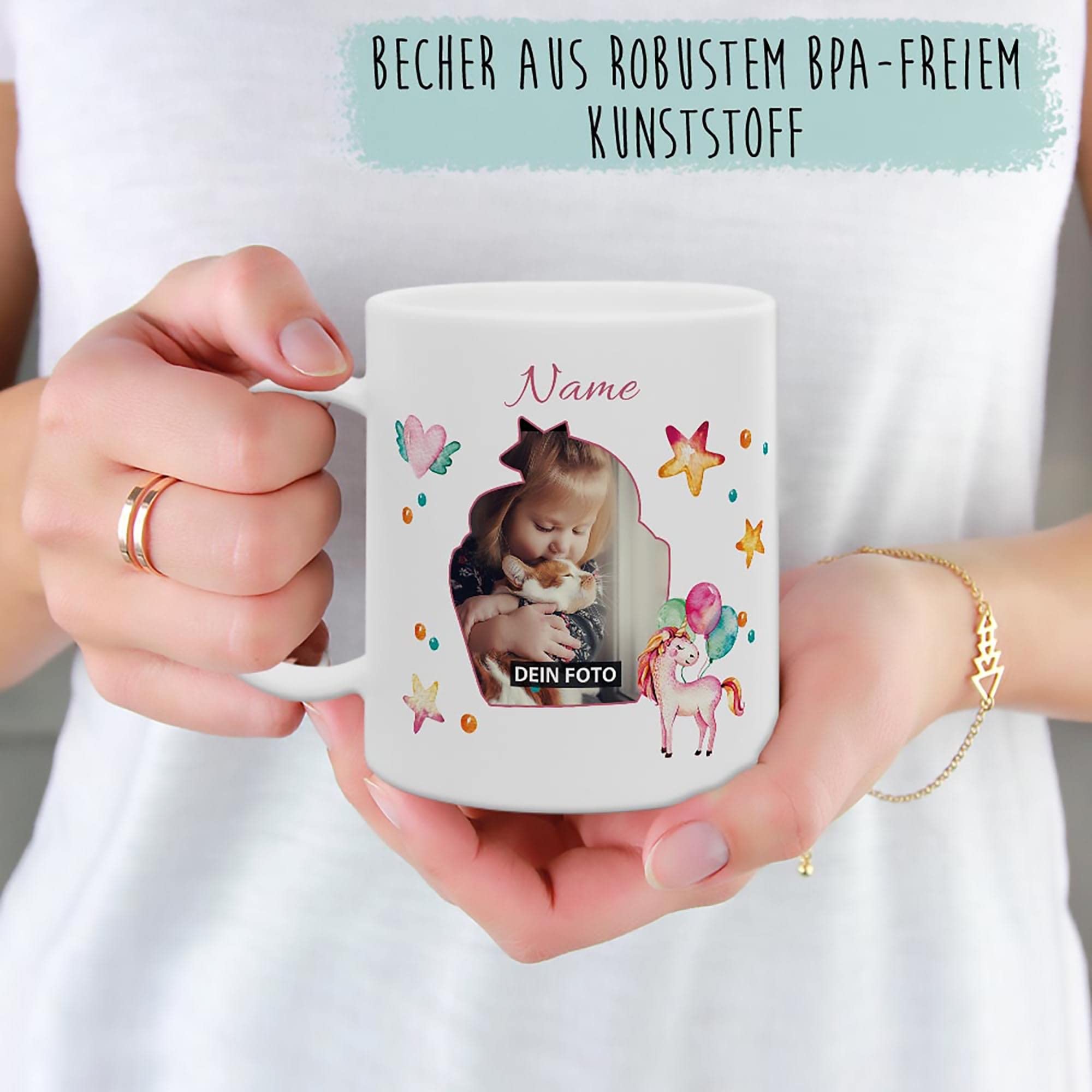 Kinder-Tasse mit Tiermotiv Einhorn - mit Foto & Name selbst gestalten - Für Mädchen & Jungen - BPA-freie Kunststoff-Tasse, 300 ml I Personalisiertes Geschenk für Kinder 3