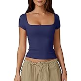 QINSEN Women's Square Neck Short Sleeve Double-Layer Tops Basic Slim Fit Going Out T Shirt