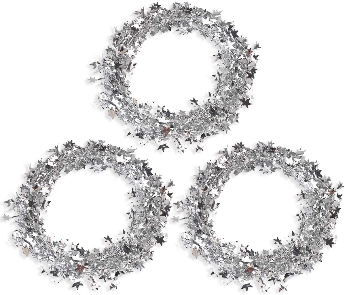 Wreaths, Garlands & Swags - 75 FT Star Tinsel Garlands with Wire, Christmas Star Wire Garland Decorations for Xmas Tree Home Wedding Birtahday Party Festive Ornament, Silver, 3 Pack