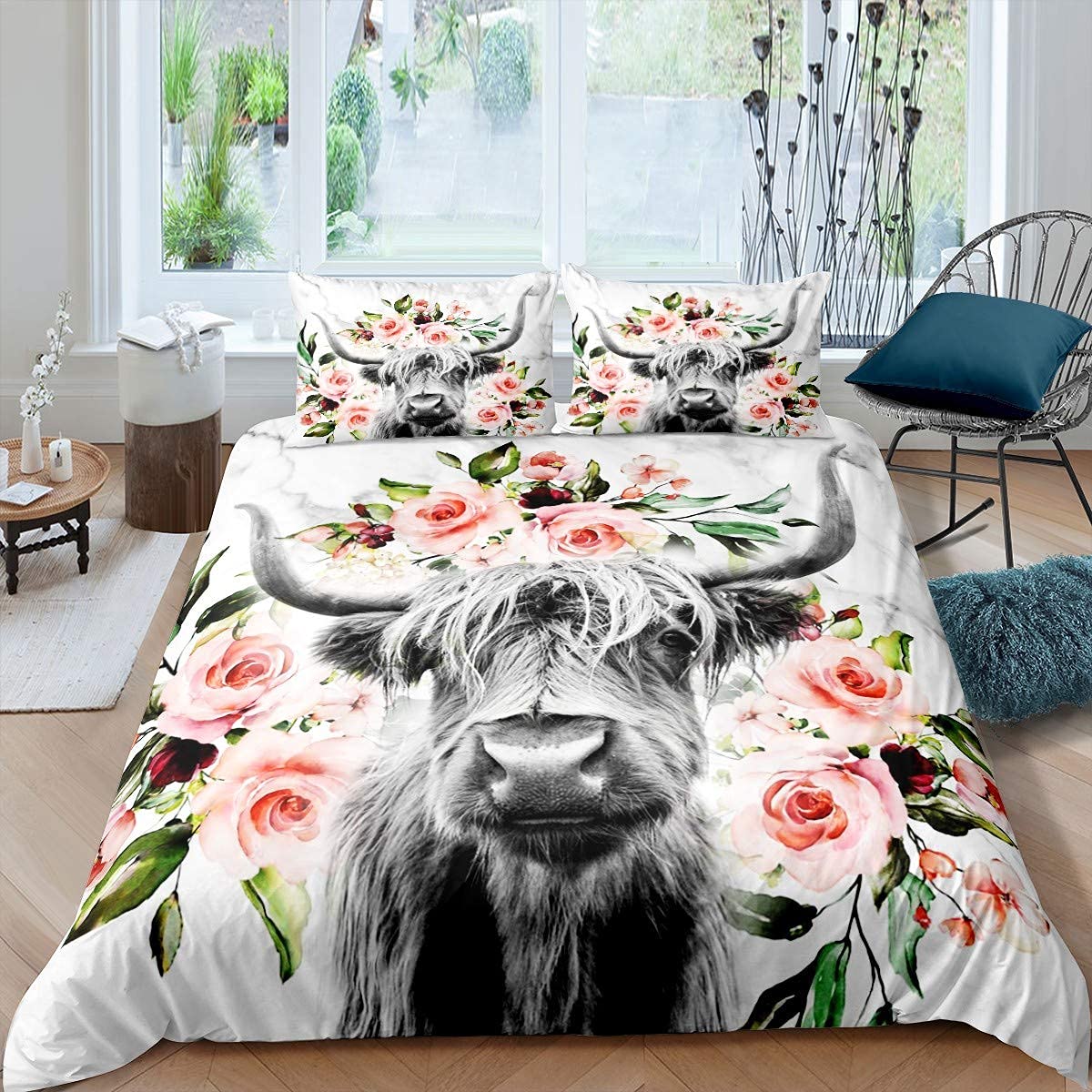 Homewish Highland Cow Flower Duvet Cover King Size Bull Cattle Bedding Set Bedroom Decorative Western Funny Animal Comforter Set Wildlife Farmhouse Cow Quilt Set Rose Grey Marble Bed Cover — image 1