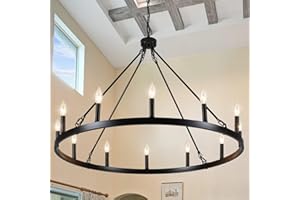 12 Lights Wagon Wheel Chandelier, 38" Large Black Farmhouse Chandelier for Dining Room Light Fixtures Ceiling Hanging, Rustic