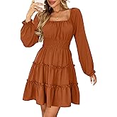 Amoretu Women’s Square Neck Long Sleeve Dress Tiered Ruffle A-Line Flowy Mini Dresses with Pockets