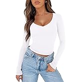 REORIA Women's V Neck Long Sleeve Slim Fitted Soft Layering Basic Shirt 2025 Fall Going Out Tops