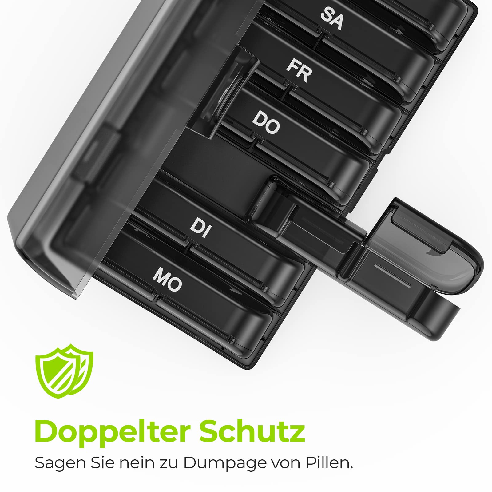AUVON Tablettenbox 7 Tage Morgens Abends, Handlicher Medikamentenbox Pillendose mit großen Fächern & Privacy-Schutz in Schwarz - Ideal für Medikamente, Vitamine, Fischöl & Nahrungsergänzungsmittel 4