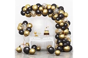RUBFAC 110pcs Black and Gold Balloons Garland Arch Kit with Black Gold Confetti Balloons for Graduation Birthday Wedding Party Decorations
