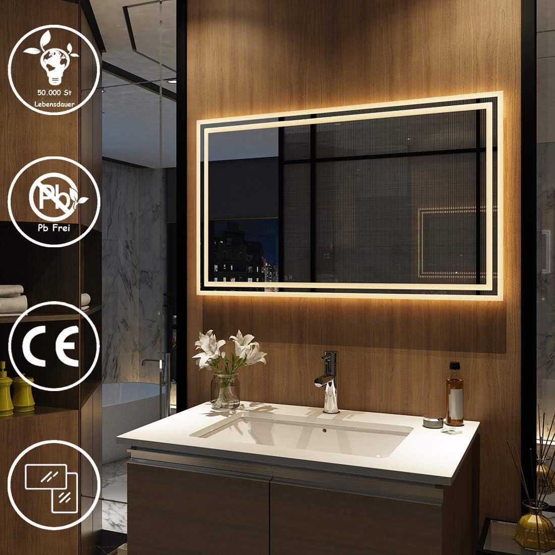 Meykoers Wandspiegel Badezimmerspiegel LED Badspiegel mit Beleuchtung 100x60cm Warmweiß 3000K