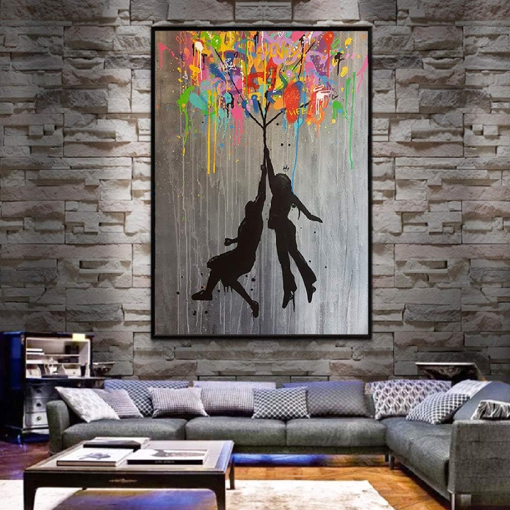 Toile Murale Banksy - Graffiti Deux Enfants, Impression Sur Toile 20x30 Cm - Décoration Salon, Chambre