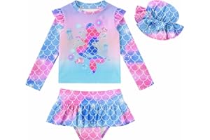 Cutemile Little Girls Rash Guard Set 3 Piece Swimsuit with Hat UPF 50+ Long Sleeve Swimwear 1-6 Years