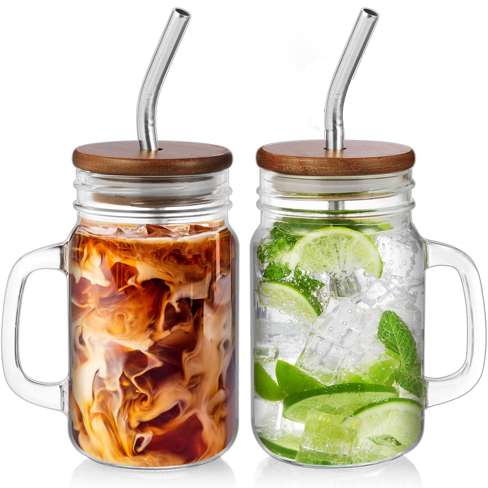 DRASTAR Iced Coffee Cup, 16 oz Mason Jar Cups with Handle, Small Glass Coffee Mugs with Straws and Acacia Lids, Drinking Glass Cups Set of 2, Smoothie, Overnight Oats Containers for sale