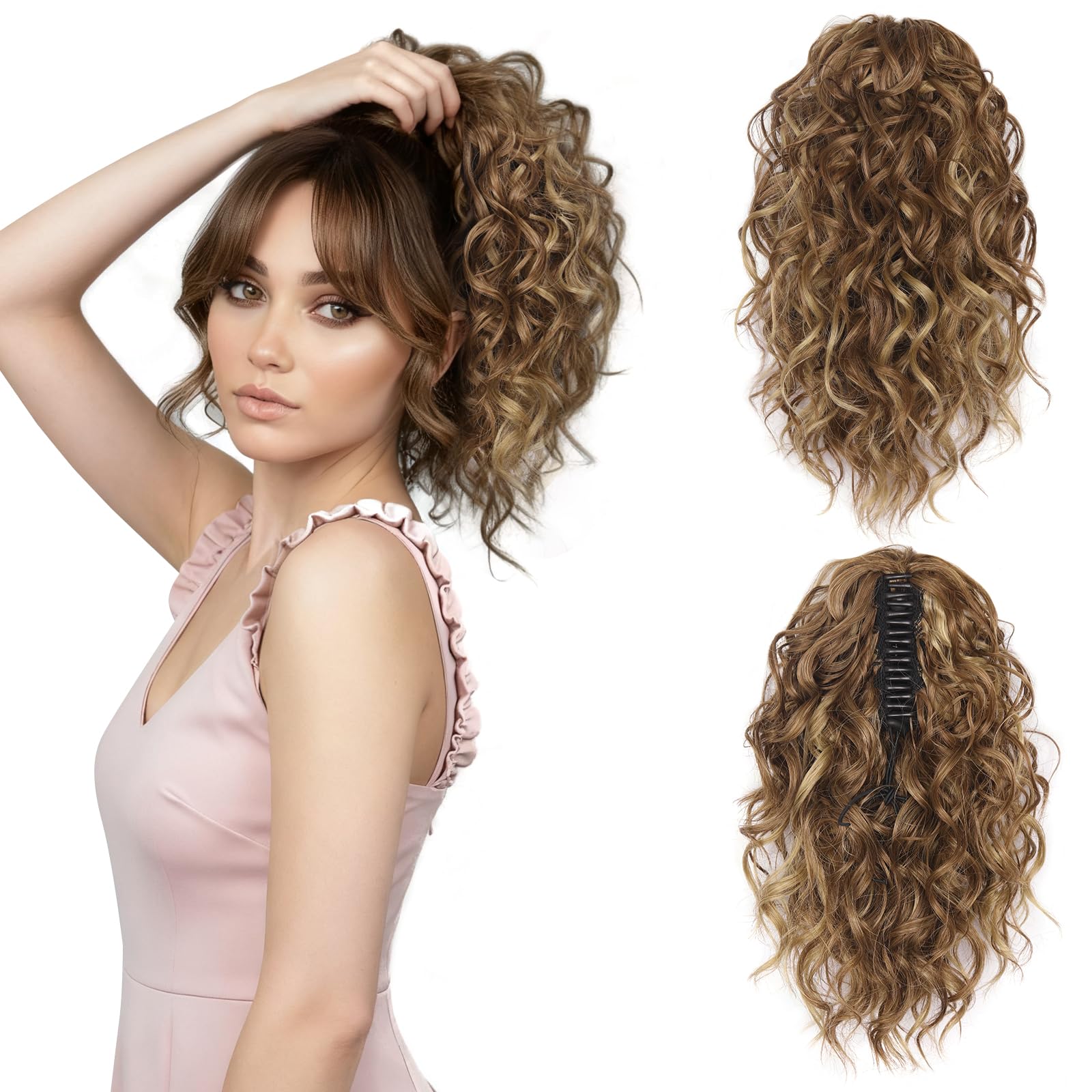 Photo 1 of 12 Inch Curly Ponytail Extension - Clip in Ponytail Hair Extensions, Natural Claw Clip Ponytail Extension, Synthetic Clip on Ponytails for Women (Color: Light Brown with Blonde Highlights)