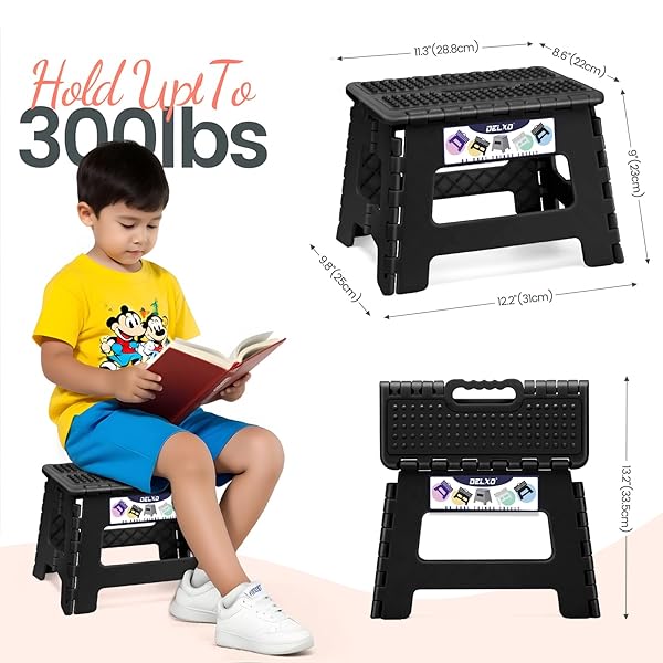 DELXO FOLDING STEP STOOL 9 INCH NON-SLIP FOLDABLE STOOLS FOR KIDS & ADULTS UP TO 300 LBS KITCHEN COLLAPSIBLE FOLD UP STEPPING STOOL WITH DOTTED 1 PACK BLACK
