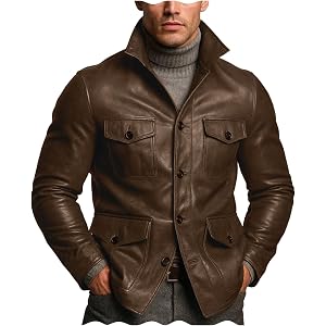 vombivn Men's Faux Leather Sports Coat Leather Leather Safari Jacket | Western Leather Biker Coat,Waterproof,Warm,Men's Motor