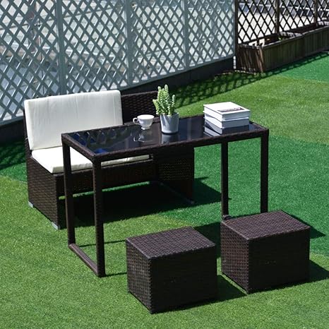 Amazon Goodfaith ガーデンテーブルセット ラタン調 ガーデンファニチャー 4点セット 組立不要 高級ソファー ベランダ テラス ガーデンテーブル ガーデンチェアー ガーデンソファー 100 完成品 ガーデンテーブル