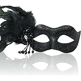 LCKRVOL Masquerade Mask for Women with Stick, Shiny Women's Feather Mardi Gras Venetian Mask for Prom Ball Costume Party