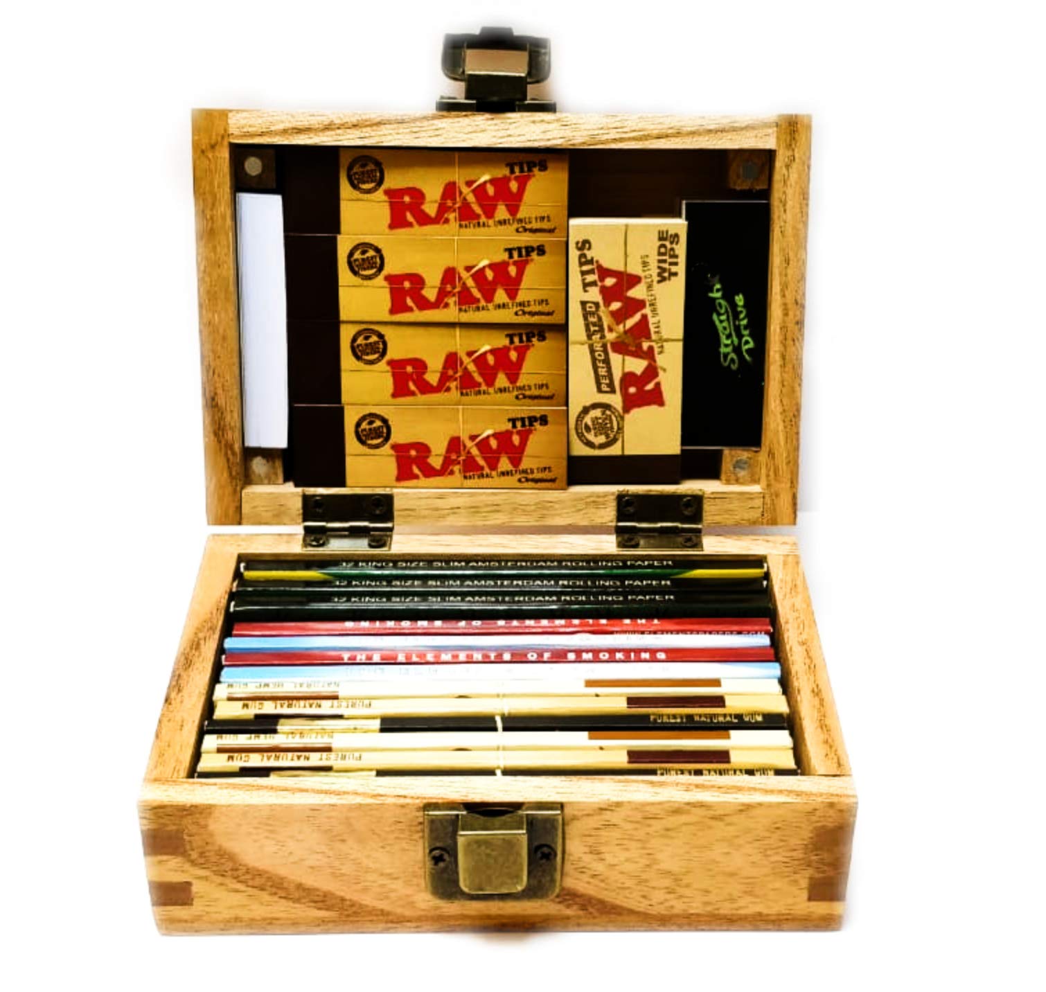 Straight Drive Brand 2 Rolling Tips & Raw Wooden Rolling Box with New Raw Black King Size Rolling Paper by MakBros_AB