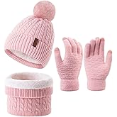3Pcs Winter Women Beanie Hat Scarf and Touch Screen Gloves Sets Girls Classic Knit Warm Chunky Fleece Lined Cable Cap
