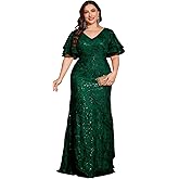 XUIBOL Women's Plus Size Sequin Evening Gown Formal Dress Flutter Sleeve Wedding Guest Dress