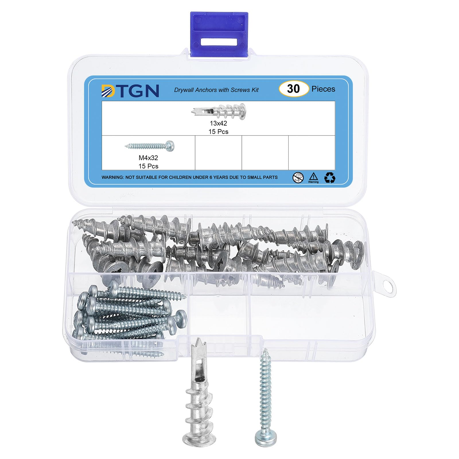 DTGN 13x42mm Self-Drilling Drywall Anchors with Screws Kit - 15 Set - Good for Concrete Tile Cement - Zinc Alloy Hollow Wall Anchors Kit with M4 Screws