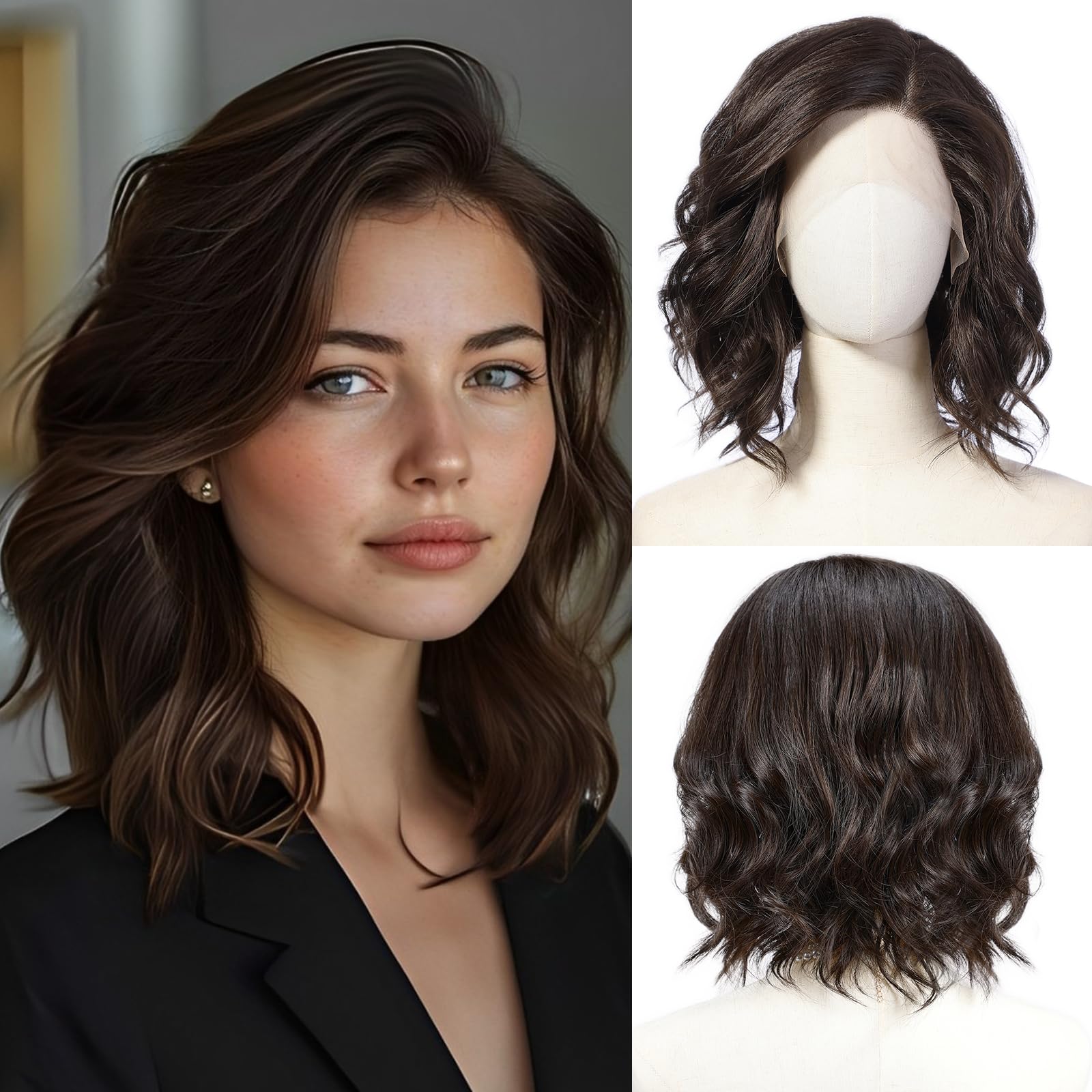 Photo 1 of starluck Side Part Wavy Wig Dark Brown Layered Lace Front Bob Wig 14 Inch Shoulder Length Heat Resistant Synthetic Wig for White Women