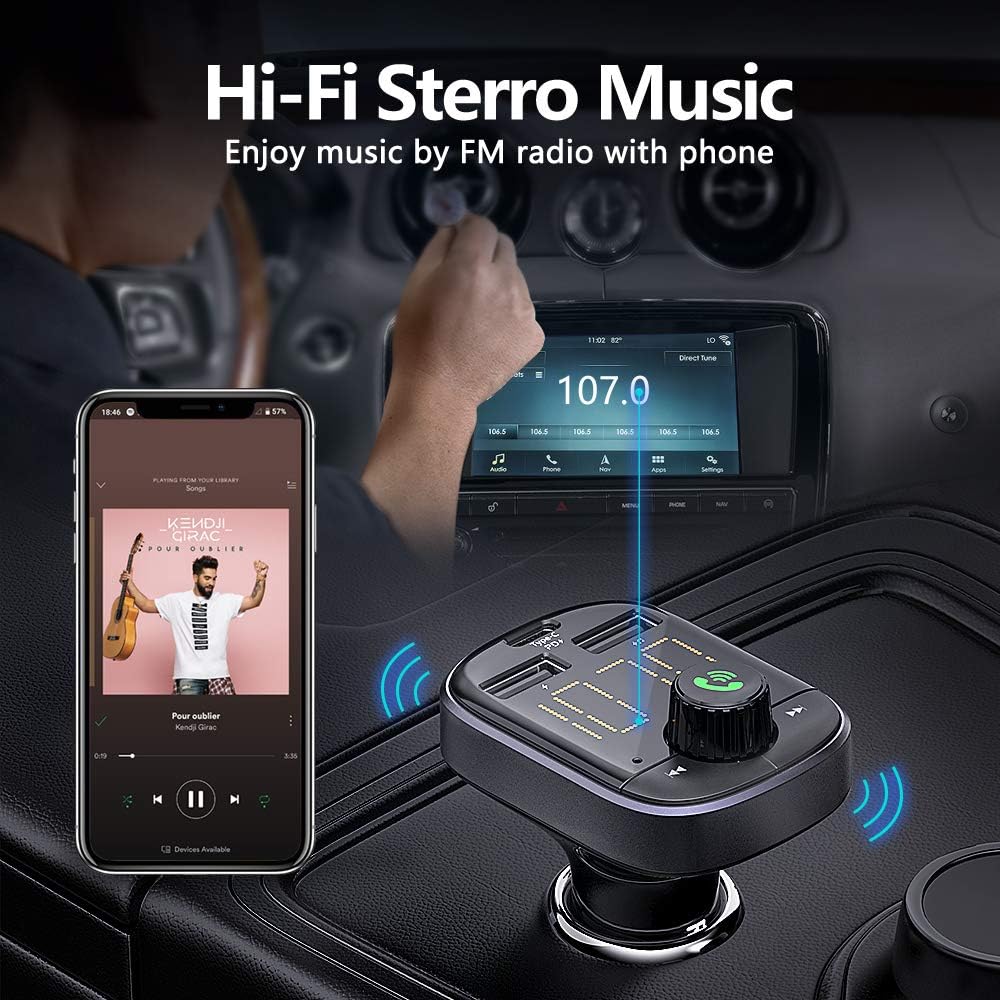 Bluetooth FM Transmitter - RAXFLY Bluetooth Car Adapter Transmitter FM Audio Receiver Dual USB PD Type C Car Charger Support TF Card and U-Disk Compatible for iPhone 11 Samsung S20 All Smartphones: MP3 Players & Accessories