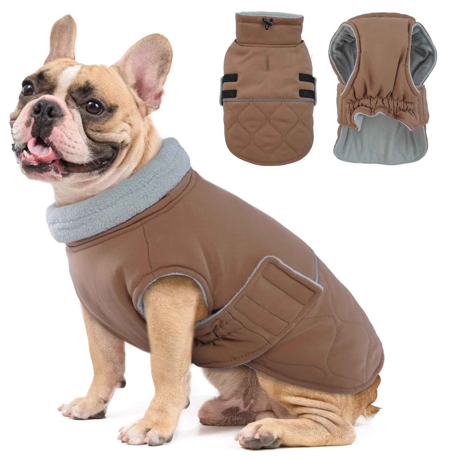 Hjumarayan French Bulldog Coat - Quilted Dog Winter Coats Water-resistant, Harness Hole, Reflective, Warm Jacket Fleece Lined for Schnauzer, Pug, Westie, Larger Mini Poodle (Brown M)