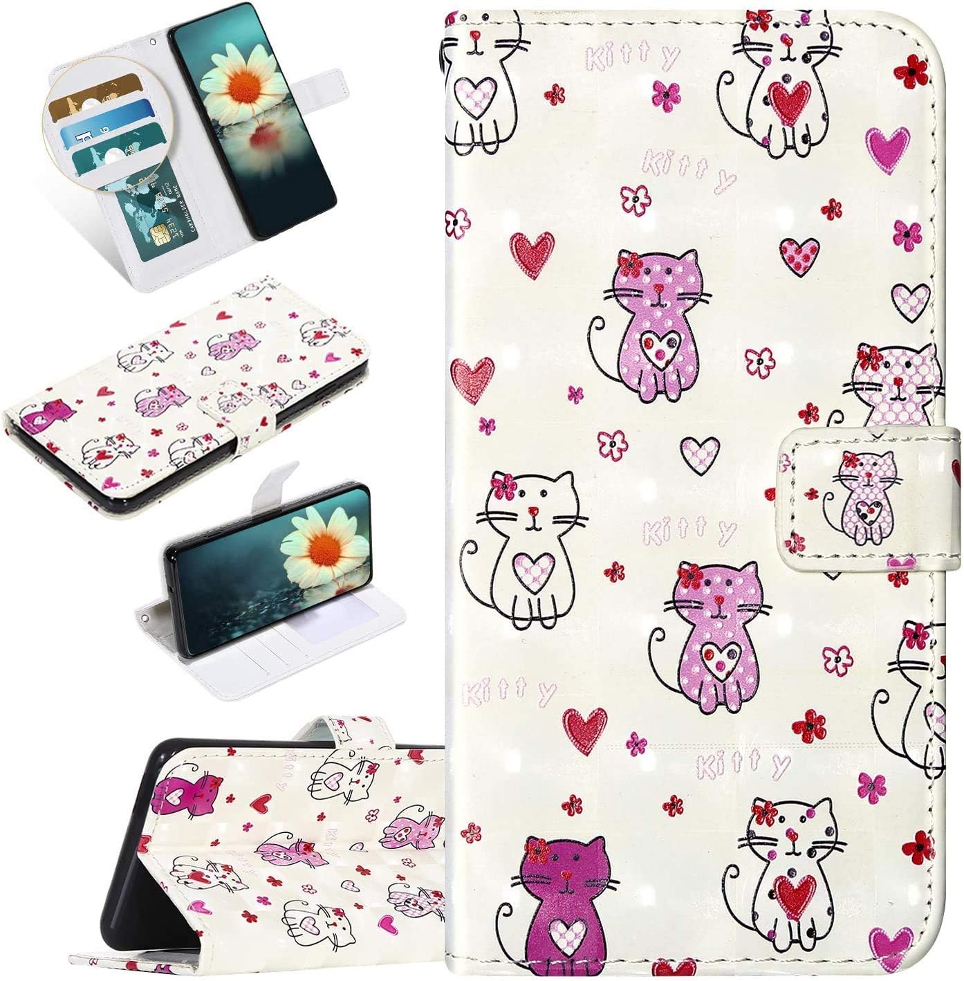 Urhause Case Compatible with Samsung Galaxy A40 Case Glossy PU Leather Wallet Cover with Card Slots Cover Cats Cartoon Wallet Kickstand Magnetic Closure Shockproof Case Silicone Folio Flip Case