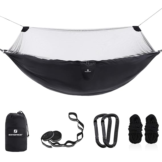 SONGMICS Hängematte mit Moskitonetz, Ultraleicht, für 2 Personen, Ripstop-Nylon, schnell trocknend, Gurte mit Mehreren Schlau