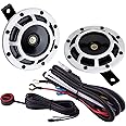 AOLIHAN Car Twin Horn Kit, Train Horn for 12V Vehicles, Round Loud Speaker, Metal Disc Kit (White With Wire and Button)