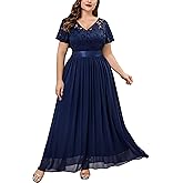 Knitee Women's Plus Size Lace Chiffon V Neck Wedding Party Elegant Butterfly Sleeves Flowy Maxi Dresses