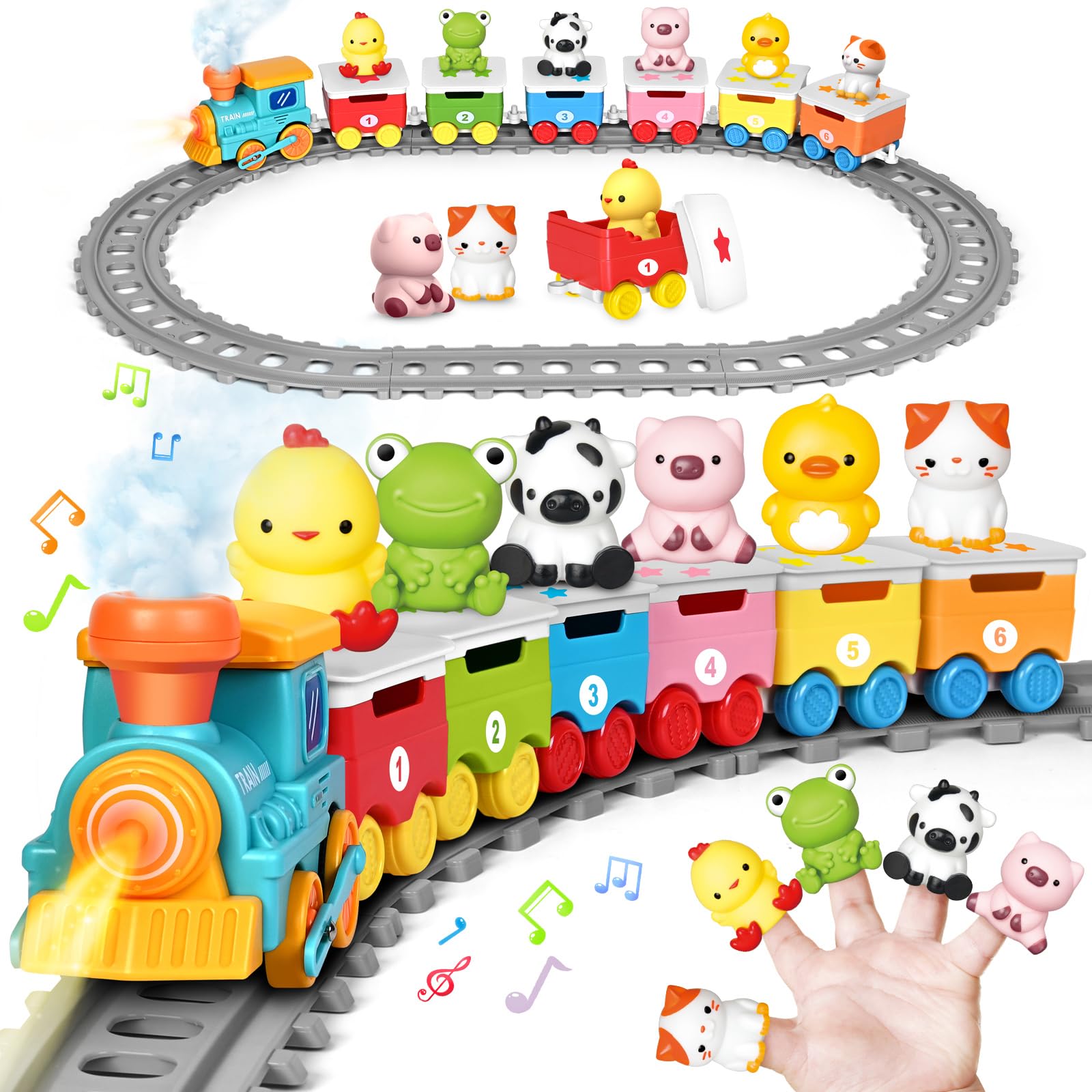 Photo 1 of Learning Toy for Toddlers 1-3, Electric Toys Trains with Lights, Music & Steam, Counting, Matching & Sorting Montessori Toy with 6 Animal Finger Puppets, Birthday Xmas Gifts for Baby Boys Girls 12-18M