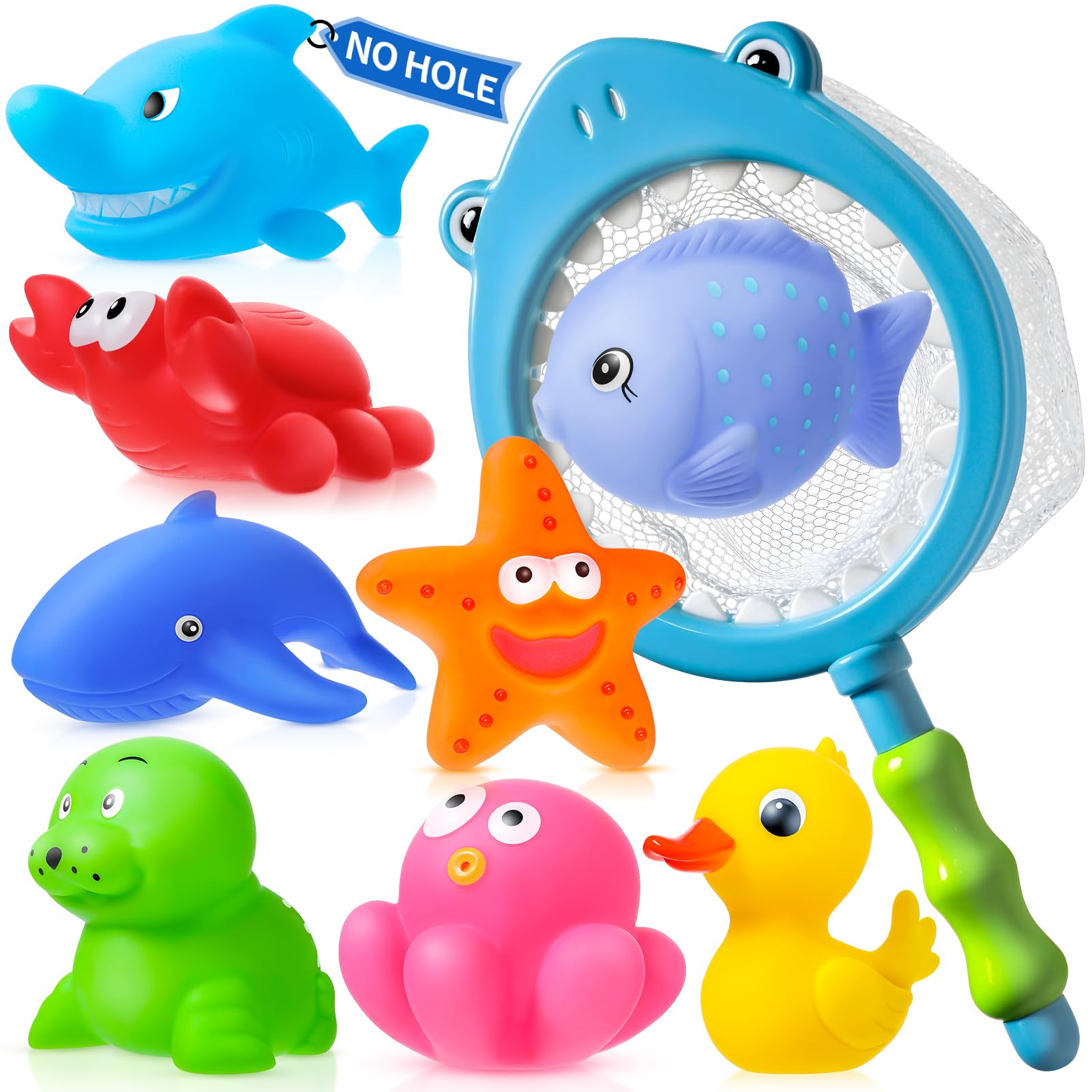 No Hole No Mould Baby Bath Toys - 9PCS Mould Free Bath Toys for 1 2 3 4 Year Olds Toddler Kids Sea Animals Rubber Bath Duck Swimming Pool Toys Water Play Toys for Boys Girls Children