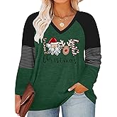Plus Size Christmas Shirts Women Merry Xmas Tree Print T-Shirt Long Sleeve Plaid Splicing Tops(1X-5X)