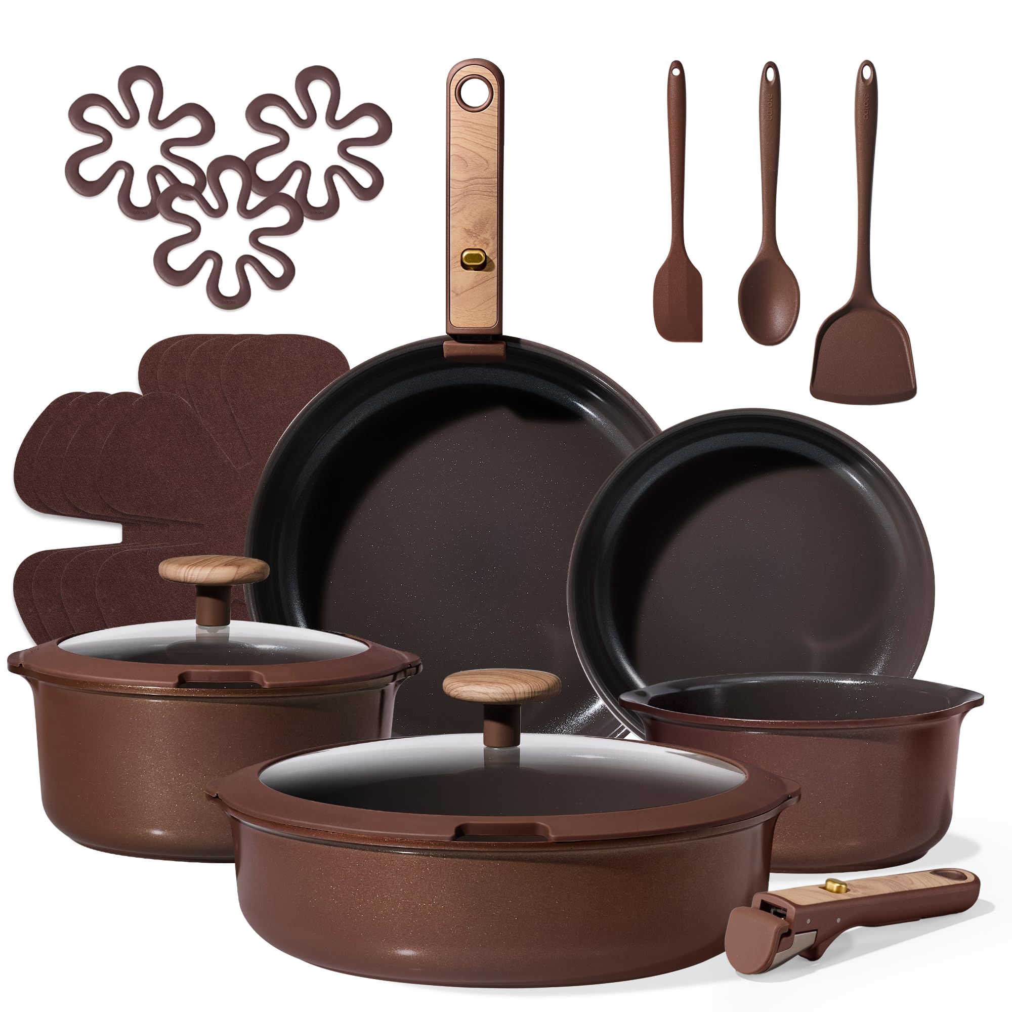 CAROTE 19PCS Ceramic Nonstick Cookware Set, Pots and Pans Set with Detachable Handle, PFAS-Free Non-Toxic, Induction & Oven Safe, Stackable Space-Saving, Dark Choco Image