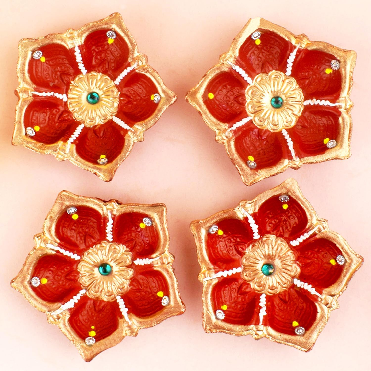 Oil Lamps & Accessories - SATVIK 4 Pc Designer Red Clay Diya Terracotta Dia Traditional Puja Vilakku Oil Lamp Natural Mitti Welcome Diwali Deepawali Pooja Decor Indian Housewarming Gift Items