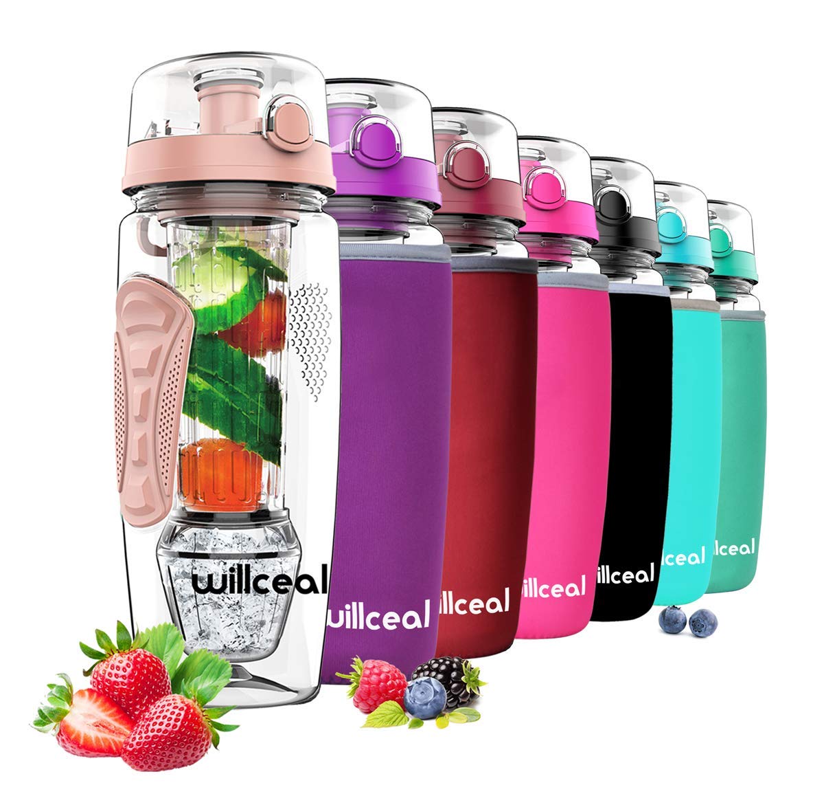 willceal Fruit Infuser Water Bottle 32oz Durable with Detachable Ice Gel Ball,Large - BPA Free Tritan, Flip Lid, Leak Proof Design - Sports, Camping (Gold)