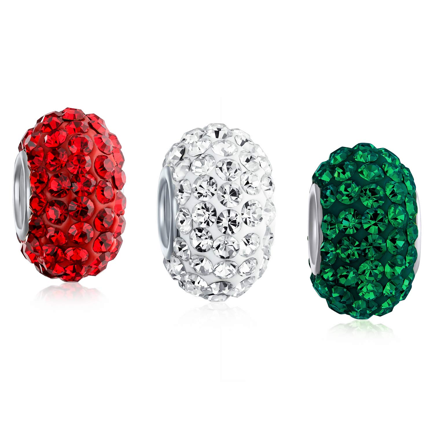 Bling Jewelry Christmas Holiday Solid Color Sparkle Red White Green Crystal Mix Bundle Set Of Three .925 Sterling Silver Charm Bead Fits European Charm Bracelet For Women Teens