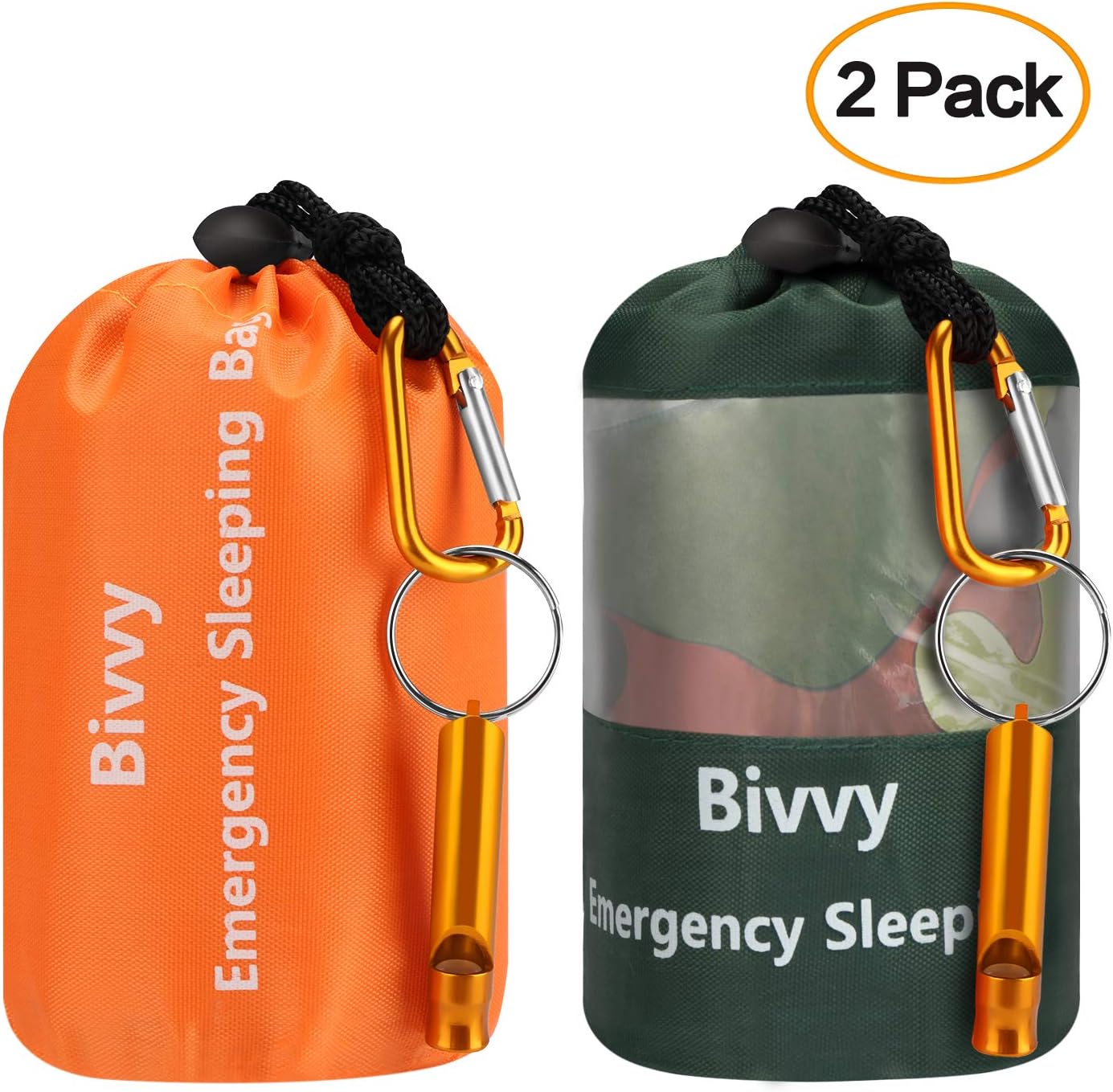 Fansteck Emergency Sleeping Bag - Lightweight Survival Sleeping Bag for Outdoor Adventure, Camping, Hiking - Emergency Bivy Sack with Drawstring Bag, Whistle, Carabiner - 2 Pack（78 ×47/82×36 in）