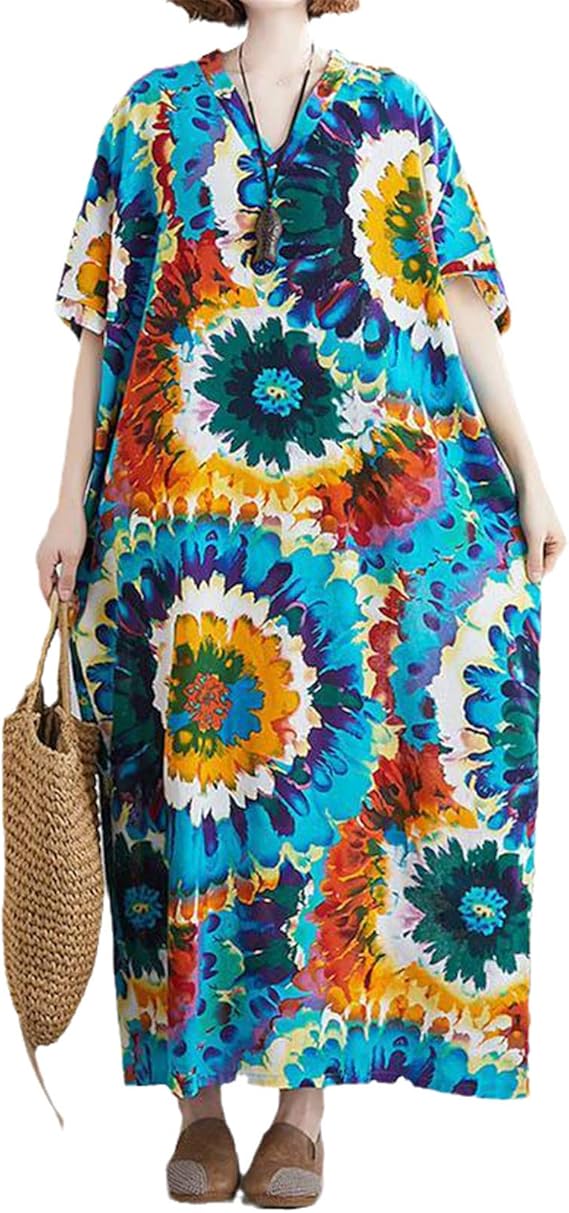 Plus Size Boho Flower Summer Dress Cotton Linen Dresses for Women Maxi Long Bohemia Holiday 