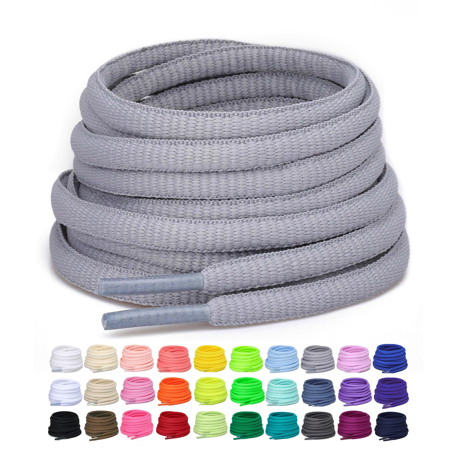 Photo 1 of Puzeam 2 Pairs Oval Athletic Shoelaces 30 Colors 1/4" Half Round Shoe Laces for Sneakers - Light Gray 140
