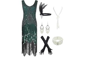 ESRTYERYH WOMEN COSTUME 1920s Gatsby Sequin Fringed Paisley Flapper Dress with 20s Accessories Set