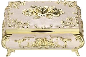 Hipiwe Metal Jewelry Organizer Box Antique Decorative Treasure Chest Keepsake Storage Case for Rings Earrings Holder Gift for Women, Medium