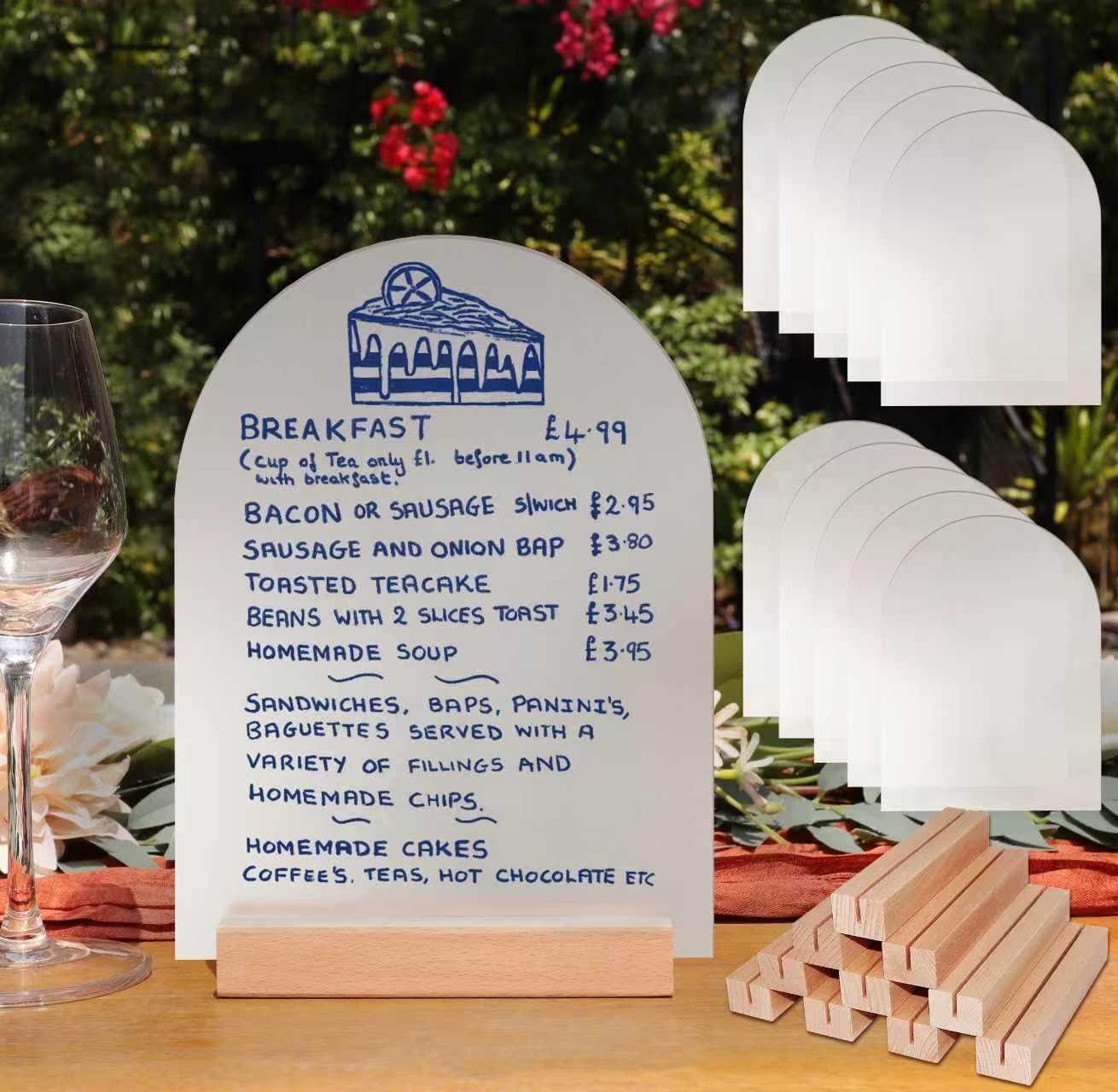 Photo 1 of Frosted Blank Arch Acrylic Sign with Wooden Stands - 10 Pack DIY Customizable Sign Kit for Wedding Table Numbers, Restaurant Party Bridal Shower (6x8 Inch)